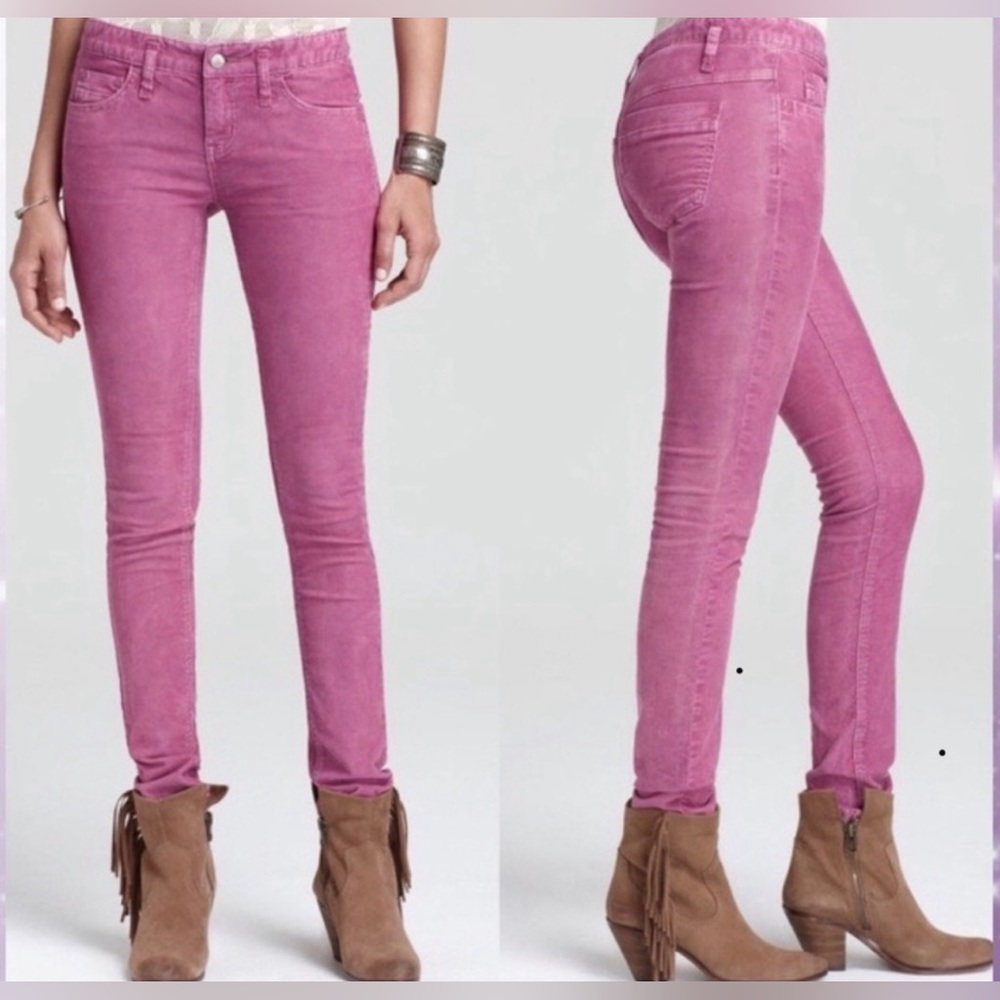 FREE PEOPLE Hot Rose Corduroy Pant Mid Rise Pink Purple Slim Straight Skinny Leg